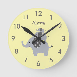 Cute Yellow and Grey Elephant Custom Nursery Round Clock