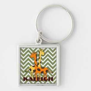 Cute Yellow and Orange Giraffe on Green Keychain