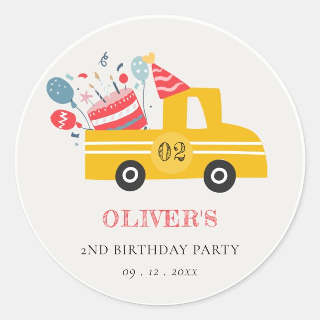 Cute Yellow Any Age Birthday Party Cake Truck Classic Round Sticker (Front)
