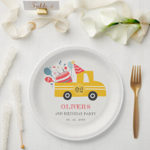 Cute Yellow Any Age Birthday Party Cake Truck Paper Plate