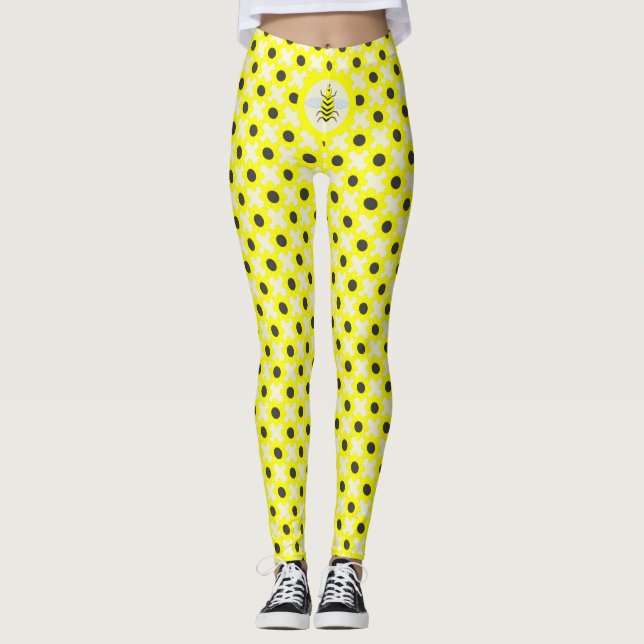 Cute Yellow Baby Bee and Flowers Leggings (Front)