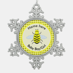 Cute Yellow Baby Bee Gender Reveal First Christmas Snowflake Pewter Christmas Ornament