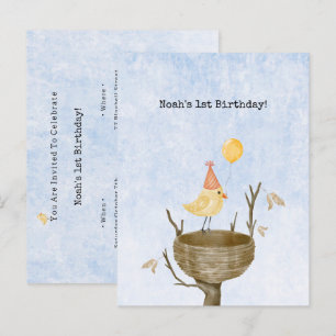 Cute Yellow Baby Bird With Balloon Invitation Postcard