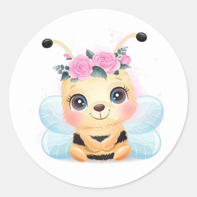 Cute Yellow Baby Bumble Bee Pink Roses Classic Round Sticker (Front)