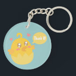 Cute Yellow Baby Chick in Egg Shell Key Ring<br><div class="desc">Adorable cartoon of a yellow baby chick with sparkling eyes in an egg shell. Background can be changed to your colour of choice using the background option. The young bird has two hearts around it and a speech bubble which you can customise to your own word. For example, you can...</div>