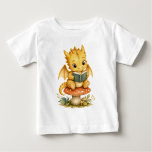 Cute Yellow Baby Dragon Reading on Mushroom Kids T-Shirt