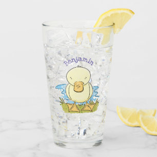 Cute yellow baby duckling cartoon illustration glass