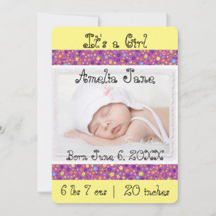 Cute Yellow Baby Girl Photo Announcement