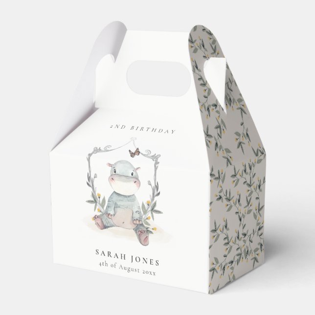 Cute Yellow Baby Hippo Foliage Any Age Birthday Favour Box (Front Side)