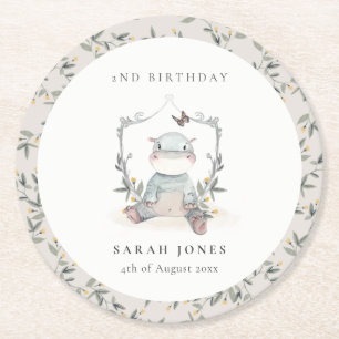 Cute Yellow Baby Hippo Foliage Any Age Birthday Round Paper Coaster