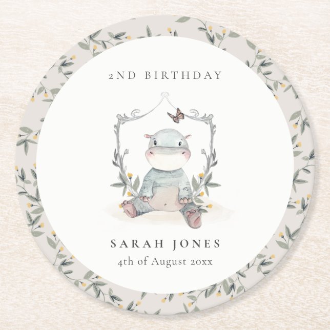 Cute Yellow Baby Hippo Foliage Any Age Birthday Round Paper Coaster (Front)