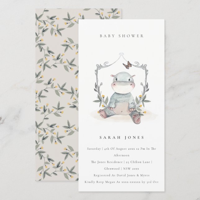 Cute Yellow Baby Hippo Foliage Baby Shower Invite (Front/Back)