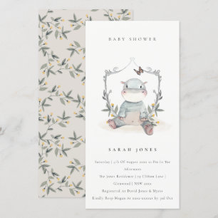 Cute Yellow Baby Hippo Foliage Baby Shower Invite