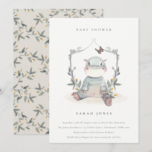 Cute Yellow Baby Hippo Foliage Baby Shower Invite (Front/Back)