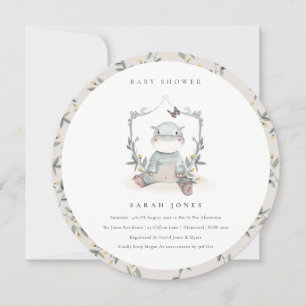 Cute Yellow Baby Hippo Foliage Baby Shower Invite