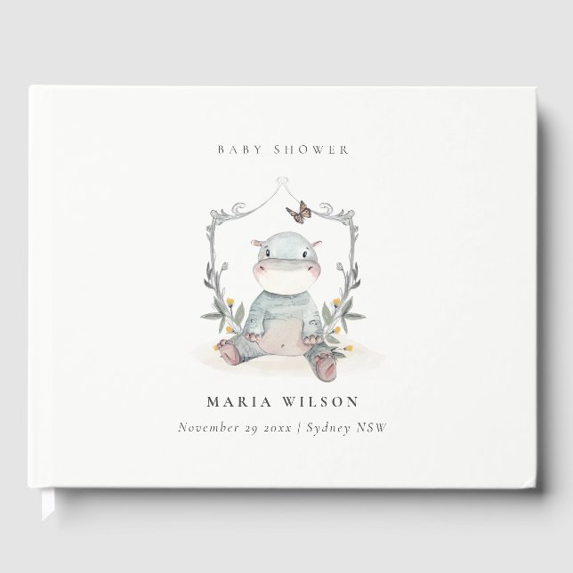 Cute Yellow Baby Hippo Foliage Balloon Baby Shower Guest Book (Front)