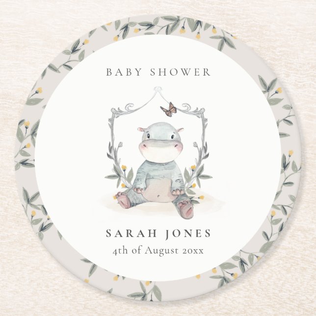 Cute Yellow Baby Hippo Foliage Elegant Baby Shower Round Paper Coaster (Front)