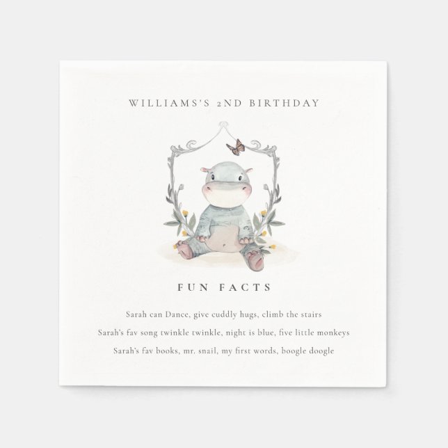 Cute Yellow Baby Hippo Foliage Fun Facts Birthday Napkin (Front)