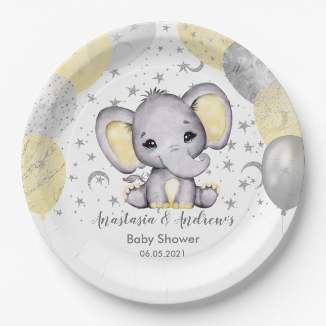 Cute Yellow Baby Shower Elephant Balloons Paper Pl Paper Plate (Front)