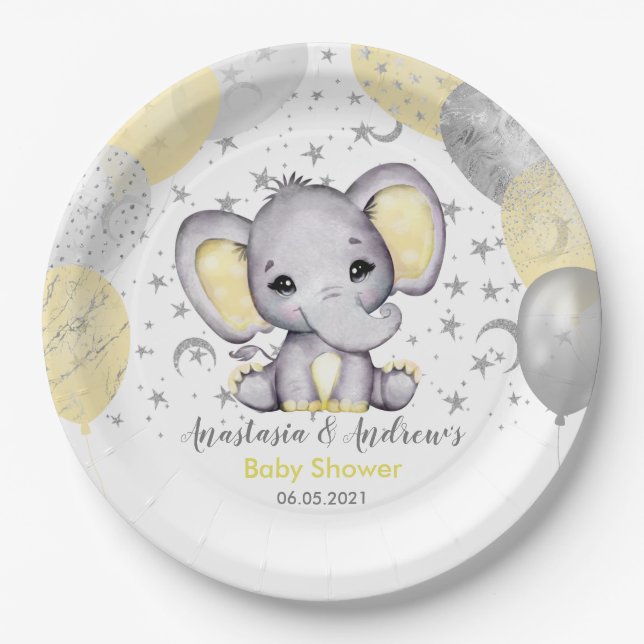 Cute Yellow Baby Shower Elephant Balloons Paper Plate (Front)