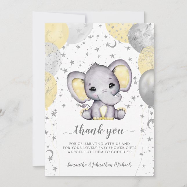 Cute Yellow Baby Shower Elephant Balloons Thank Yo Thank You Card (Front)