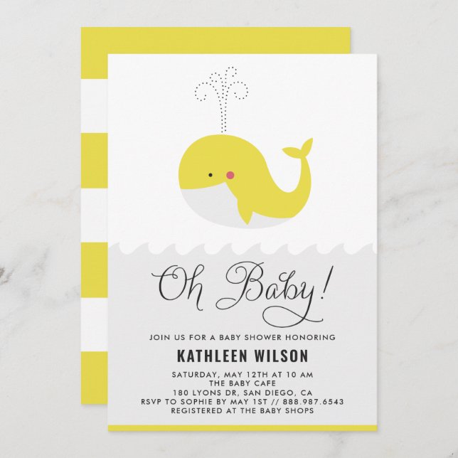 Cute Yellow Baby Whale Oh Baby Baby Shower Invitation (Front/Back)