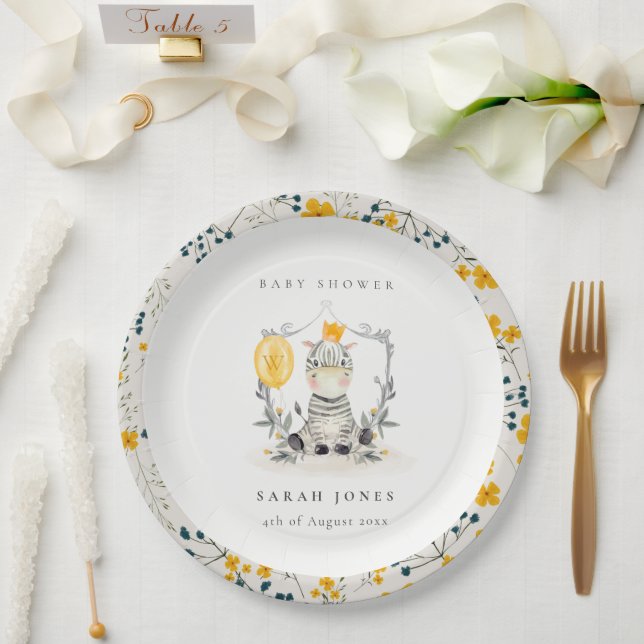 Cute Yellow Baby Zebra Balloon Foliage Baby Shower Paper Plate (Wedding)