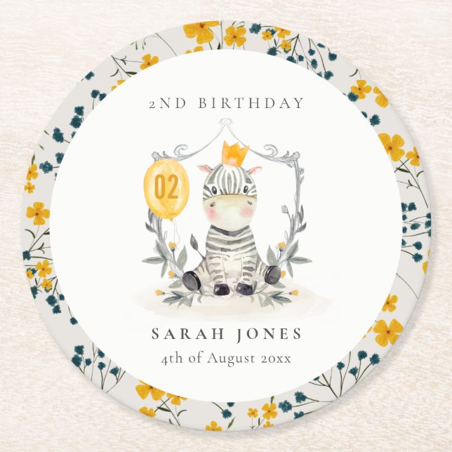Cute Yellow Baby Zebra Foliage Any Age Birthday  Round Paper Coaster (Front)