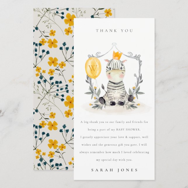 Cute Yellow Baby Zebra Foliage Balloon Baby Shower Thank You Card (Front/Back)