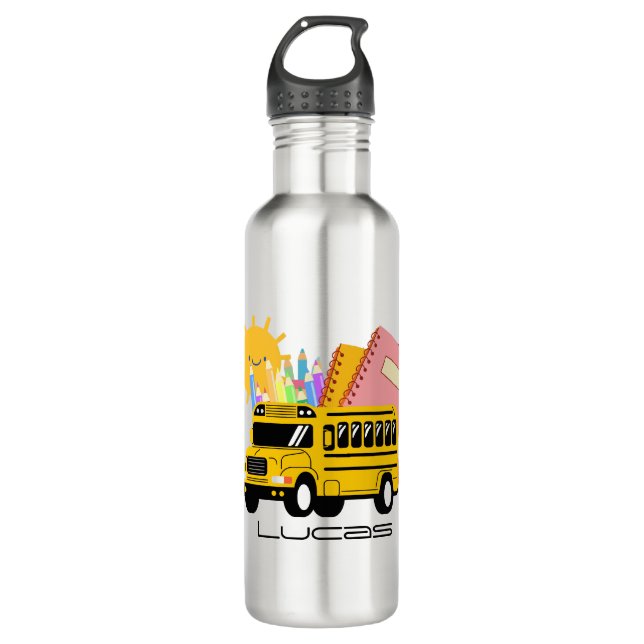 Cute yellow back to school bus boy custom name 710 ml water bottle (Front)