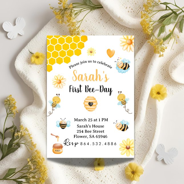 Cute yellow bee and flower First Bee Day  Invitation (Creator Uploaded)