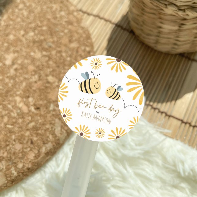 Cute Yellow Bee and Sunflower First Bee-day Classic Round Sticker (Creator Uploaded)