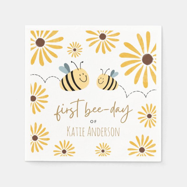 Cute Yellow Bee and Sunflower First Bee-day Napkin (Front)