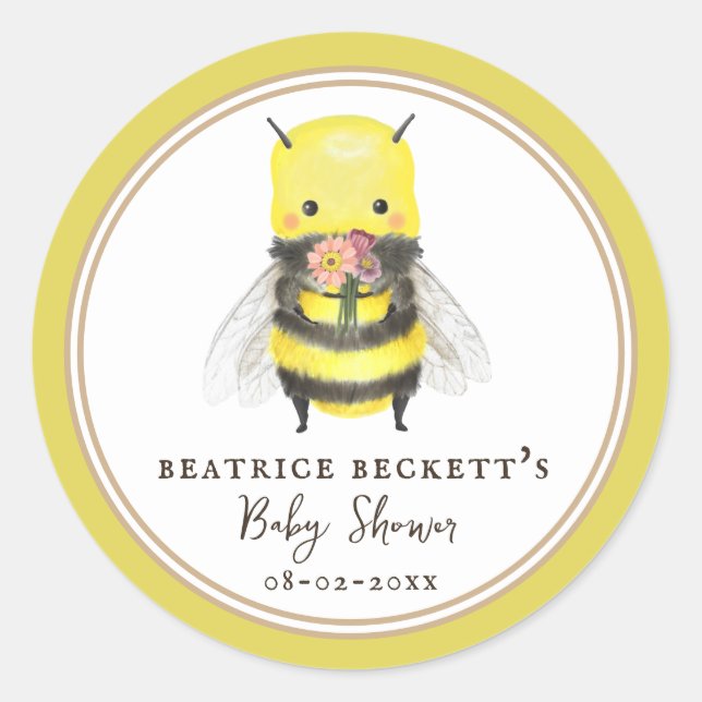 Cute Yellow Bee and Wildflower Baby Shower Sticker (Front)