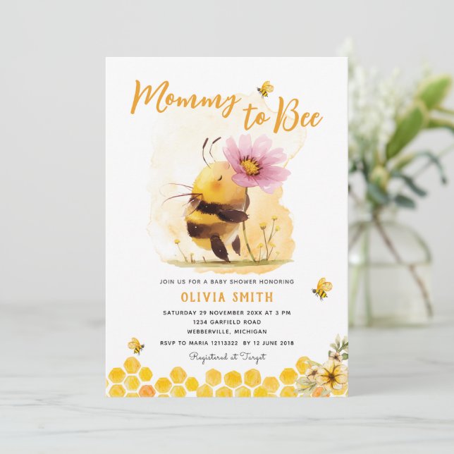 Cute Yellow Bee Daisy Mummy To Bee Baby shower Invitation (Standing Front)