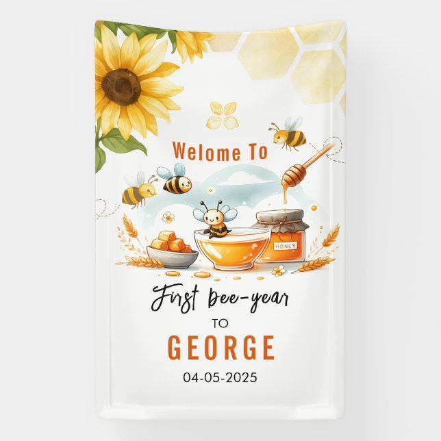 Cute Yellow Bee & Sunflower 1st Bee-Day Birthday Banner (Vertical)