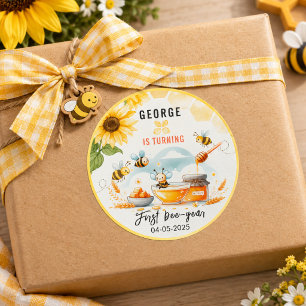Cute Yellow Bee & Sunflower 1st Bee-Day Birthday Classic Round Sticker