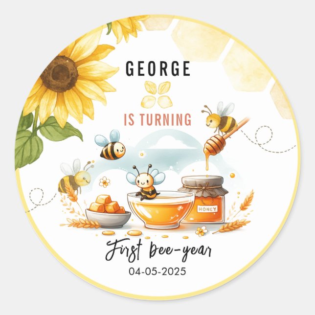 Cute Yellow Bee & Sunflower 1st Bee-Day Birthday Classic Round Sticker (Front)