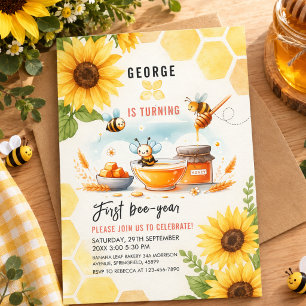Cute Yellow Bee & Sunflower 1st Bee-Day Birthday Invitation