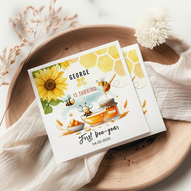 Cute Yellow Bee & Sunflower 1st Bee-Day Birthday Napkin (Creator Uploaded)