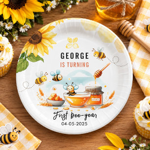 Cute Yellow Bee & Sunflower 1st Bee-Day Birthday Paper Plate