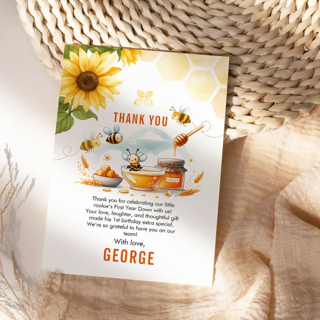 Cute Yellow Bee & Sunflower 1st Bee-Day Birthday Thank You Card (Creator Uploaded)