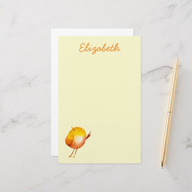 Cute yellow bird watercolor art stationery (Front/Back In Situ)