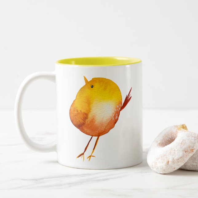 Cute yellow bird watercolor art Two-Tone coffee mug (With Donut)