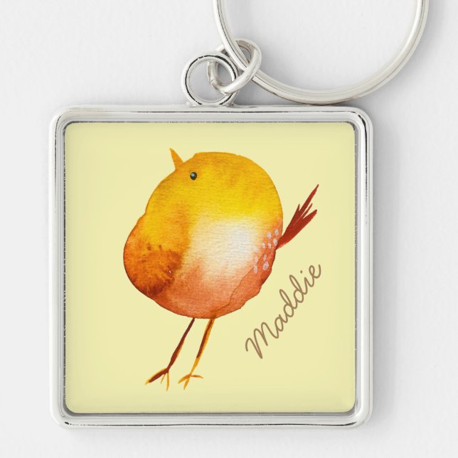Cute yellow bird watercolor key ring (Front)