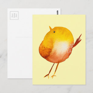 Cute yellow bird watercolor postcard