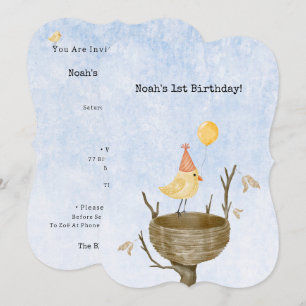 Cute Yellow Bird With Balloon Birthday Invitation