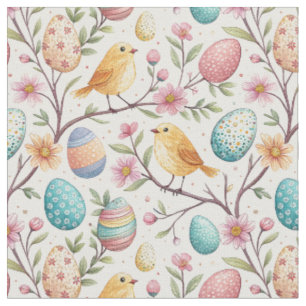 Cute Yellow Birds & Decorated Easter Eggs Pattern Fabric