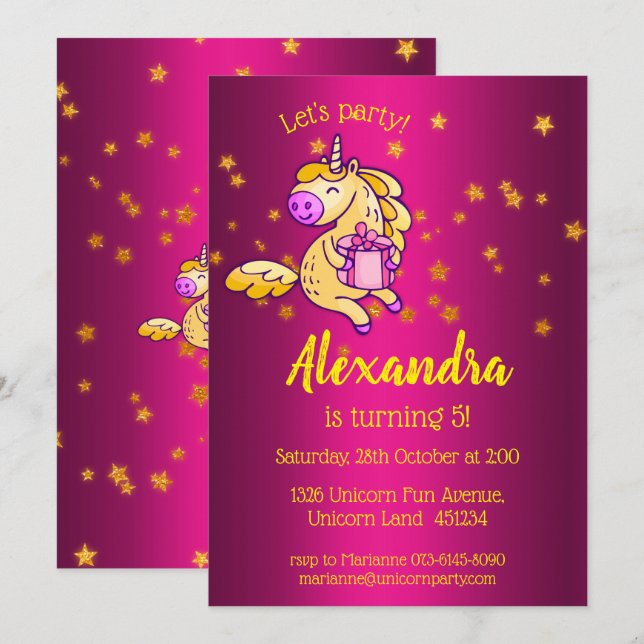 Cute Yellow Birthday Unicorn Invitation (Front/Back)