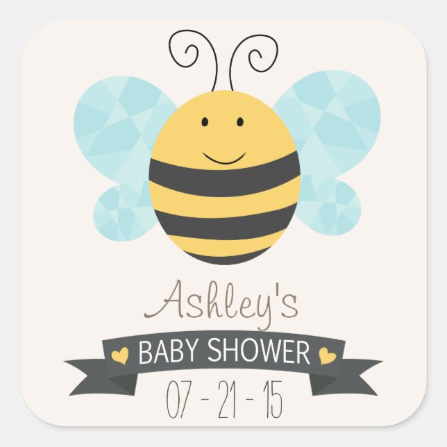 Cute Yellow & Black Bee Baby Shower Square Sticker (Front)